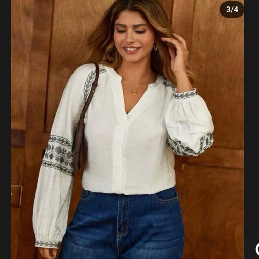 Zara Cream and Black Embroidered Long Sleeve Button Up Blouse Womens Large Boho